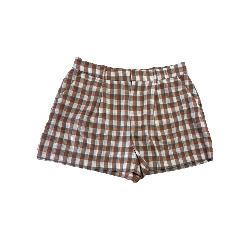 Nine West Womens Rust Orange Gingham Pleated High Waist Shorts Size L